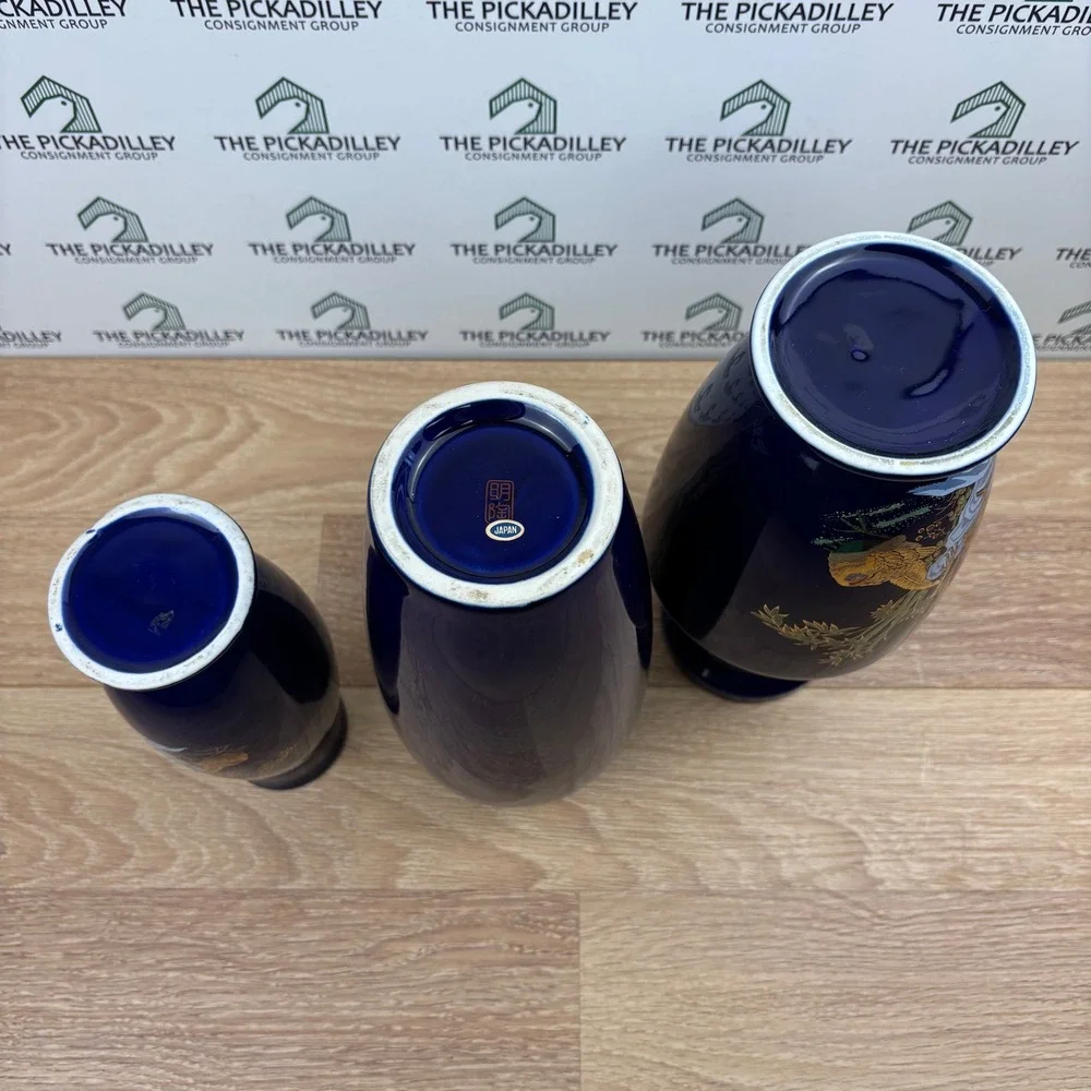 Vintage Japanese Cobalt Blue Porcelain Vase Set 3pc Peacock Pheasant Gold Gilt